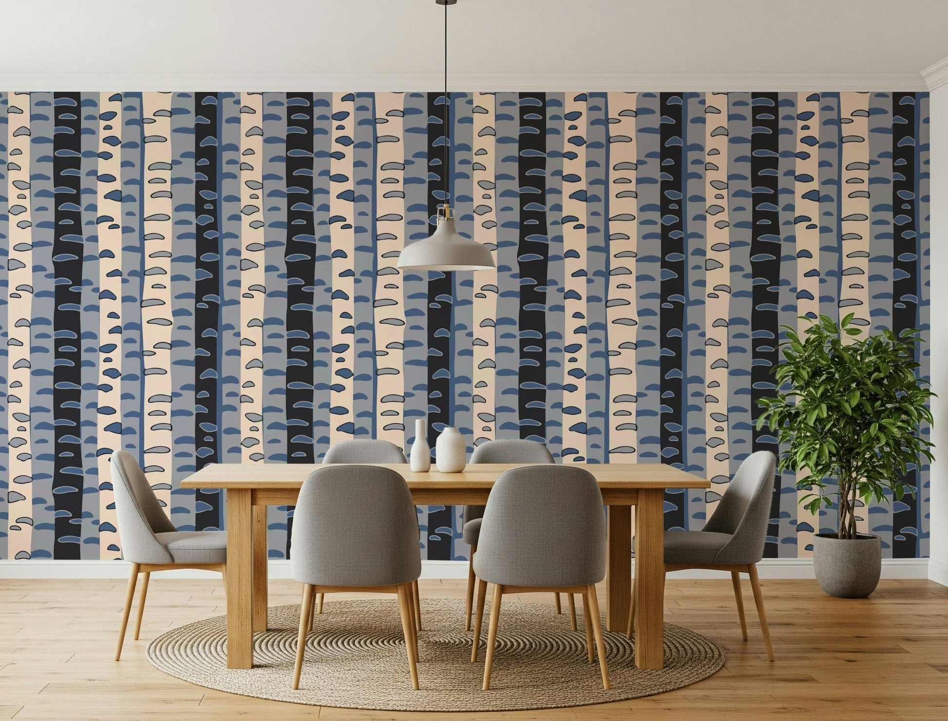 Apartment dining zone wall with retro birch stripe wallpaper, graphic trunks, modern neutral palette