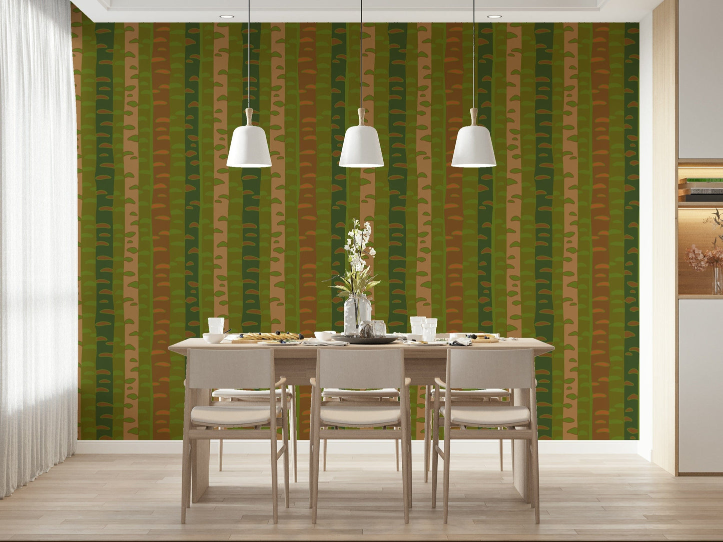 Birch stripe forest wallpaper for home office backdrop, green brown palette