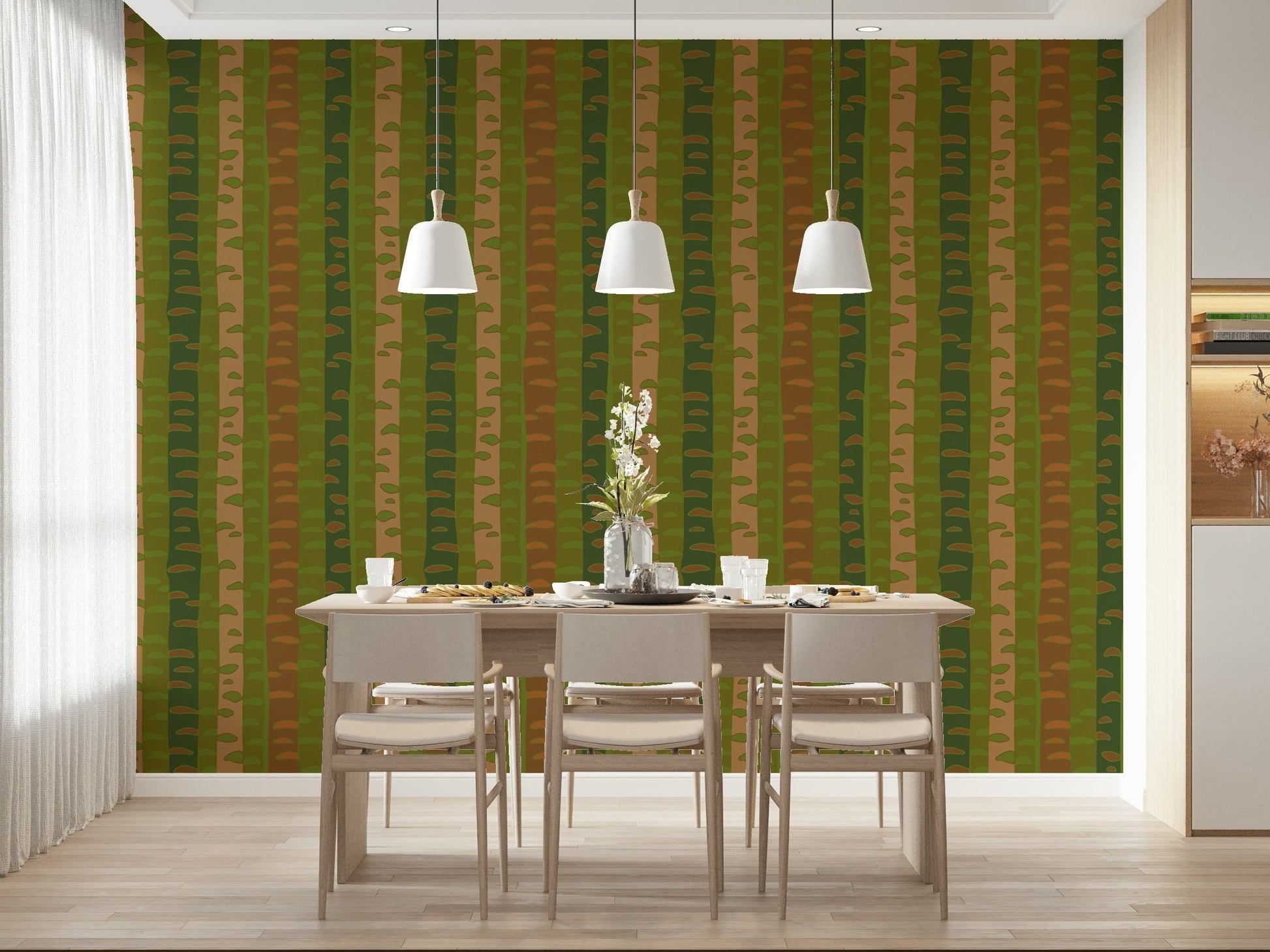 Birch stripe forest wallpaper for home office backdrop, green brown palette