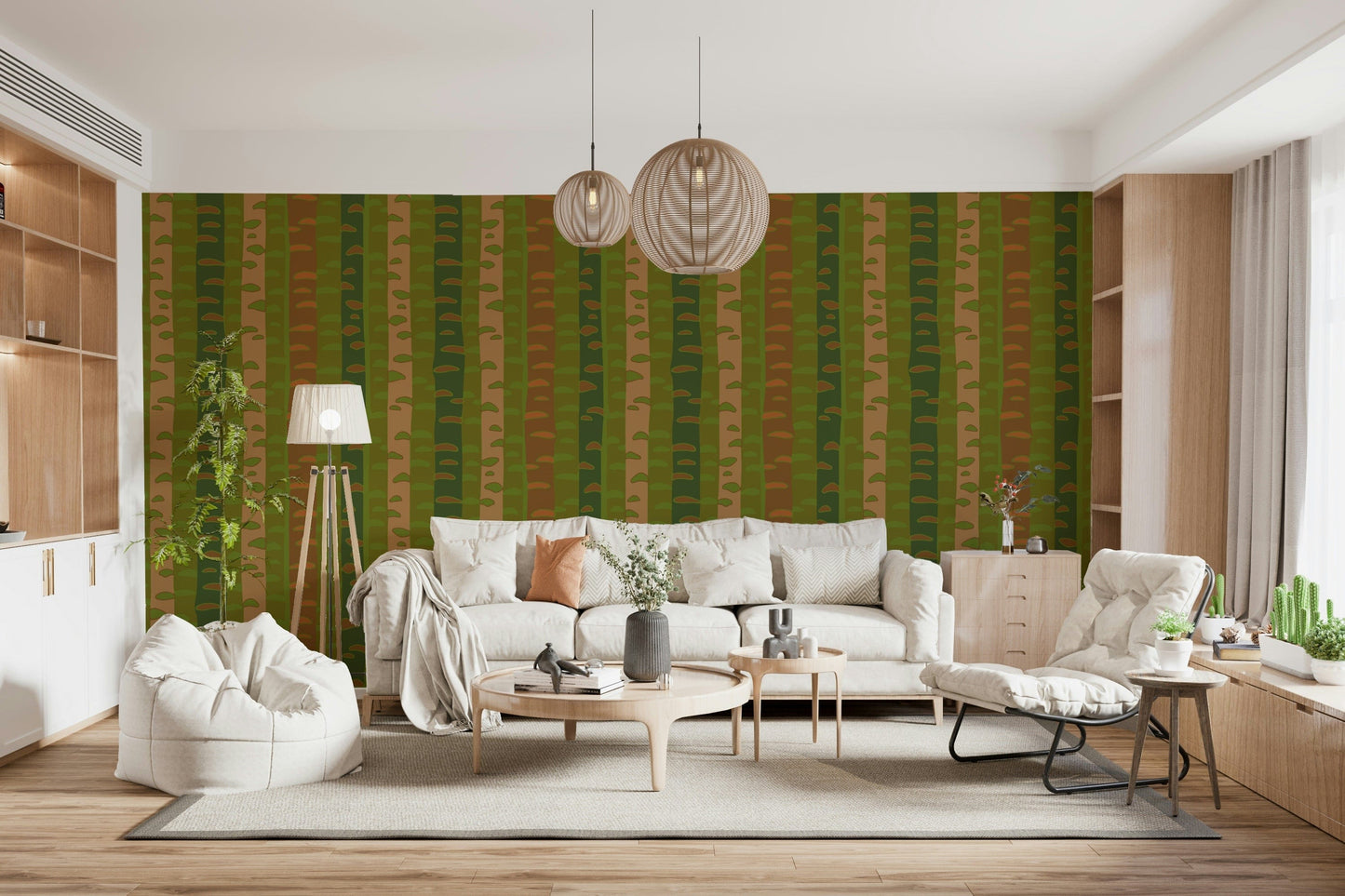 Earthy green and brown birch stripe wallpaper for modern living room feature wall