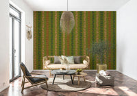 Retro birch stripe wallpaper for dining area feature wall, earthy green and brown