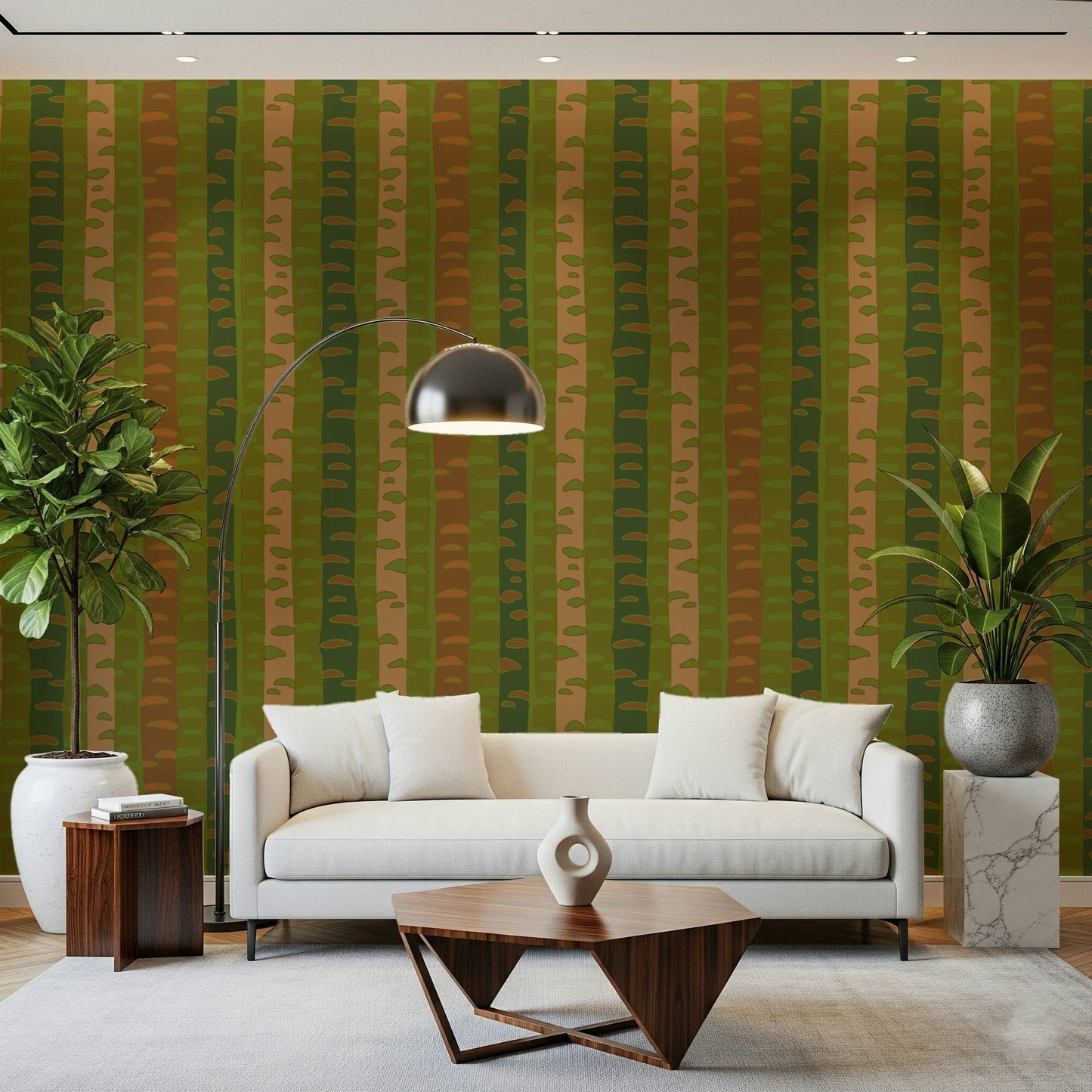 Abstract birch forest lines wall mural for study room, calm earthy palette