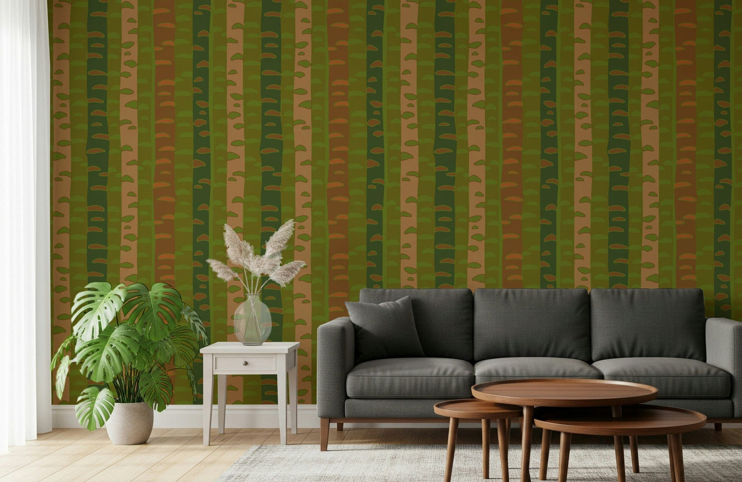 Earth-tone abstract birch wallpaper for entryway, clean modern look