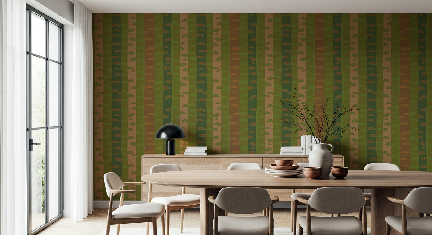Minimal birch forest stripe mural for nursery, soft earthy green brown tones