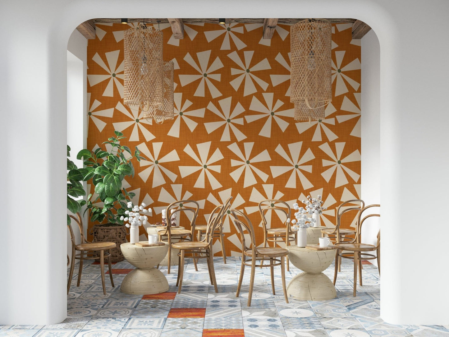 Patterned wallpaper showcasing mid-century pinwheel-style flowers in a vibrant warm palette.