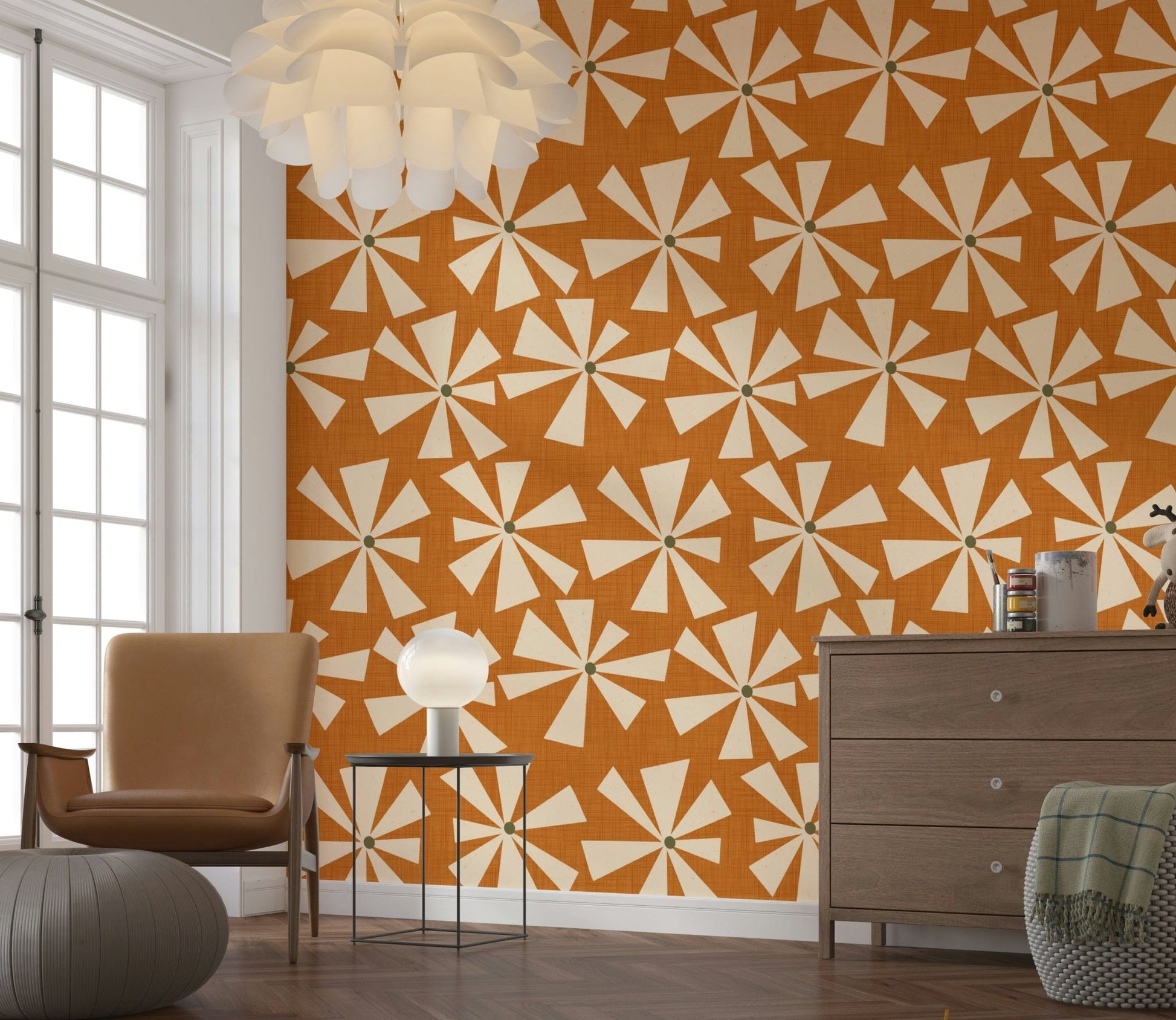 Chic retro wallpaper with scattered cream flower bursts in a bold geometric design.
