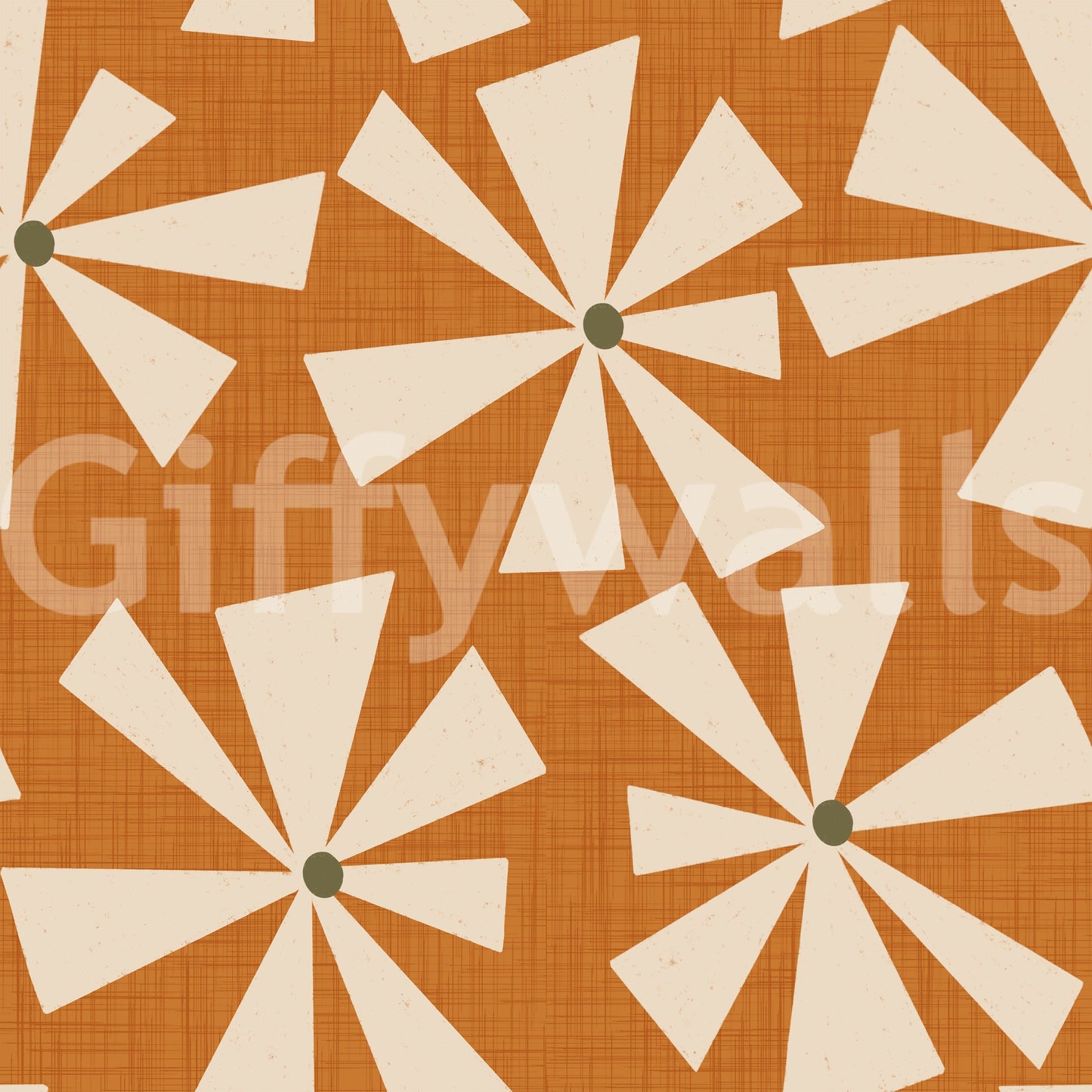 Soft geometric wallpaper with abstract cream blooms arranged in a dynamic mid-century pattern.
