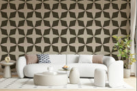 Retro geometric bloom wallpaper in taupe and cream tones