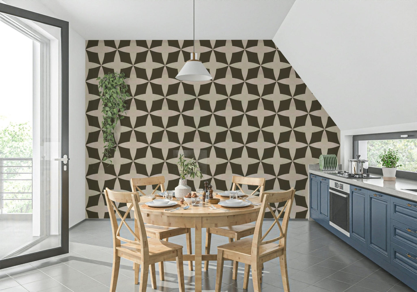 Bold abstract flower wallpaper in brown and beige