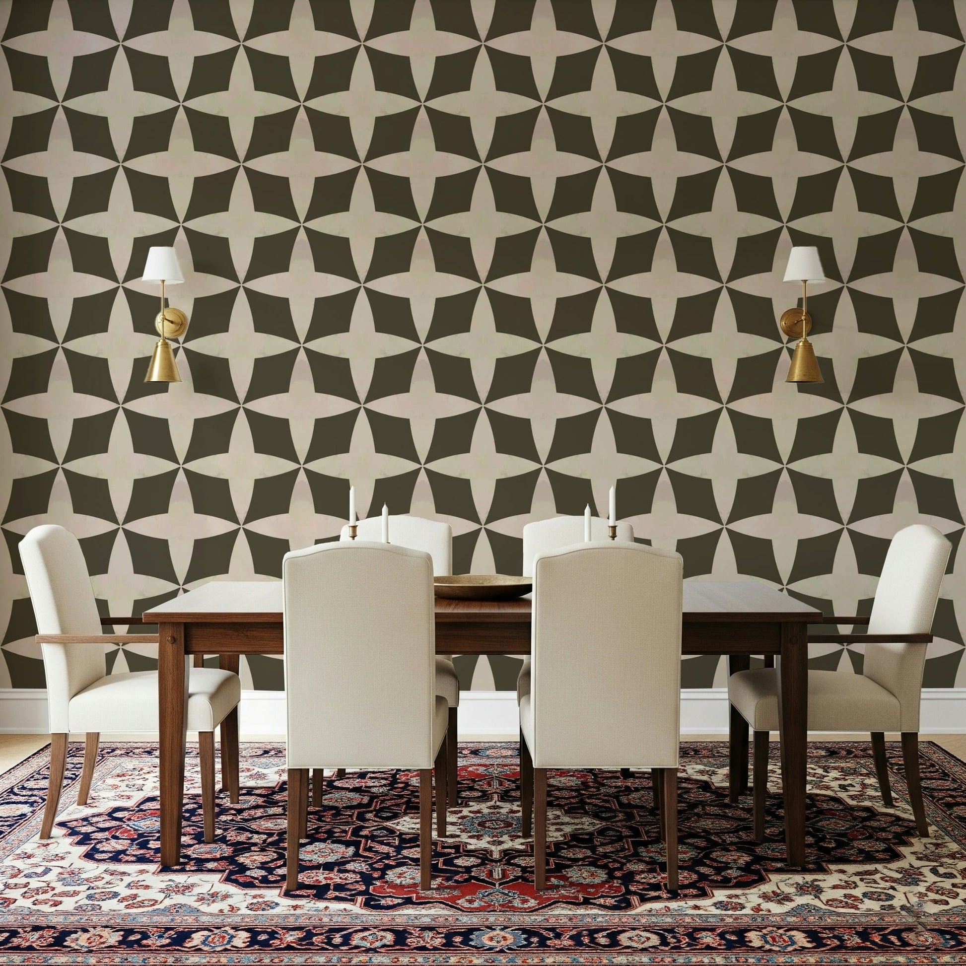 Symmetrical retro petal wallpaper in olive and cream