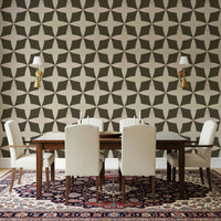 Symmetrical retro petal wallpaper in olive and cream