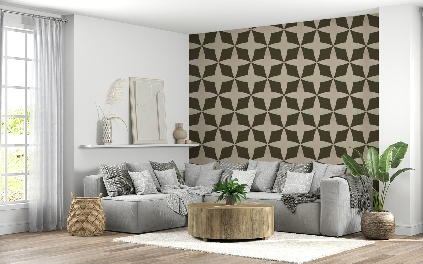 Large scale floral geometric wallpaper in muted tones
