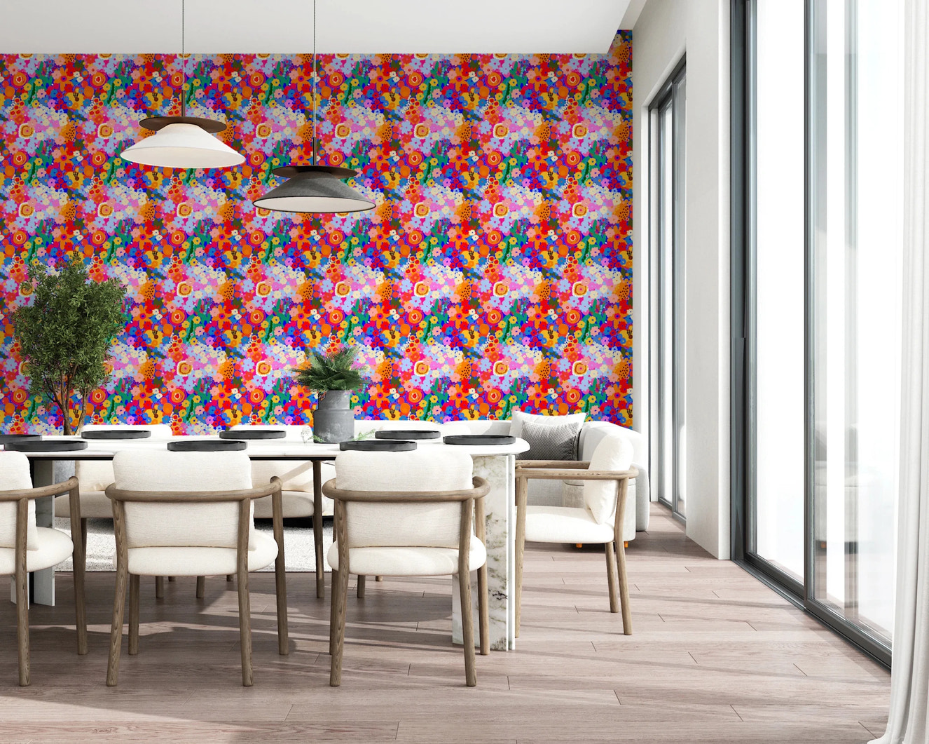 Fruit Burst dining room Wallpaper with vibrant orange and blue floral pattern.