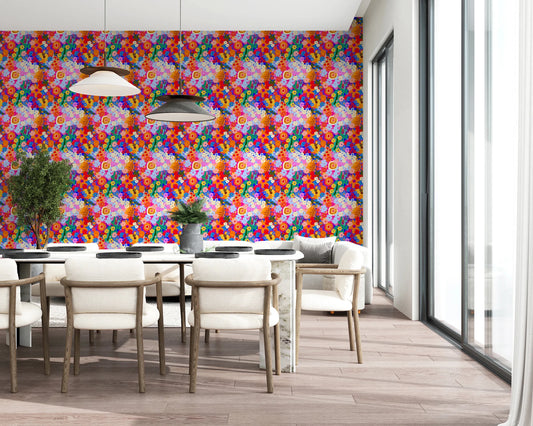 Fruit Burst dining room Wallpaper with vibrant orange and blue floral pattern.