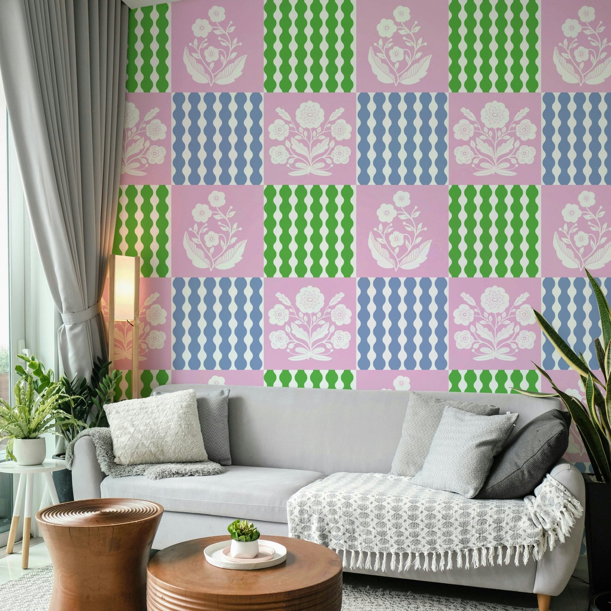 Whimsical arrangement of stylized floral patterns.

