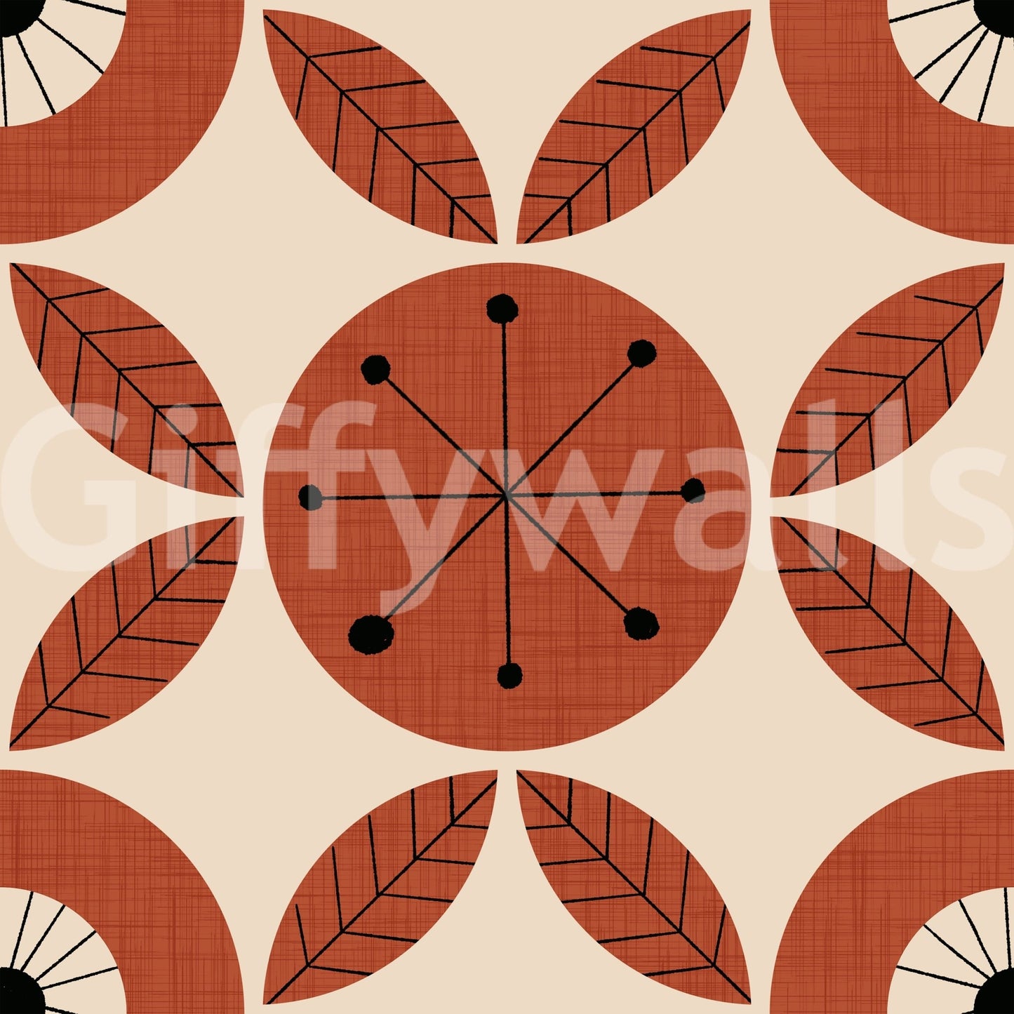 Stylized wallpaper featuring circular flower designs and radiating dot patterns in a vintage palette.