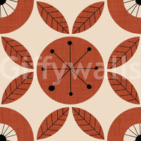 Stylized wallpaper featuring circular flower designs and radiating dot patterns in a vintage palette.