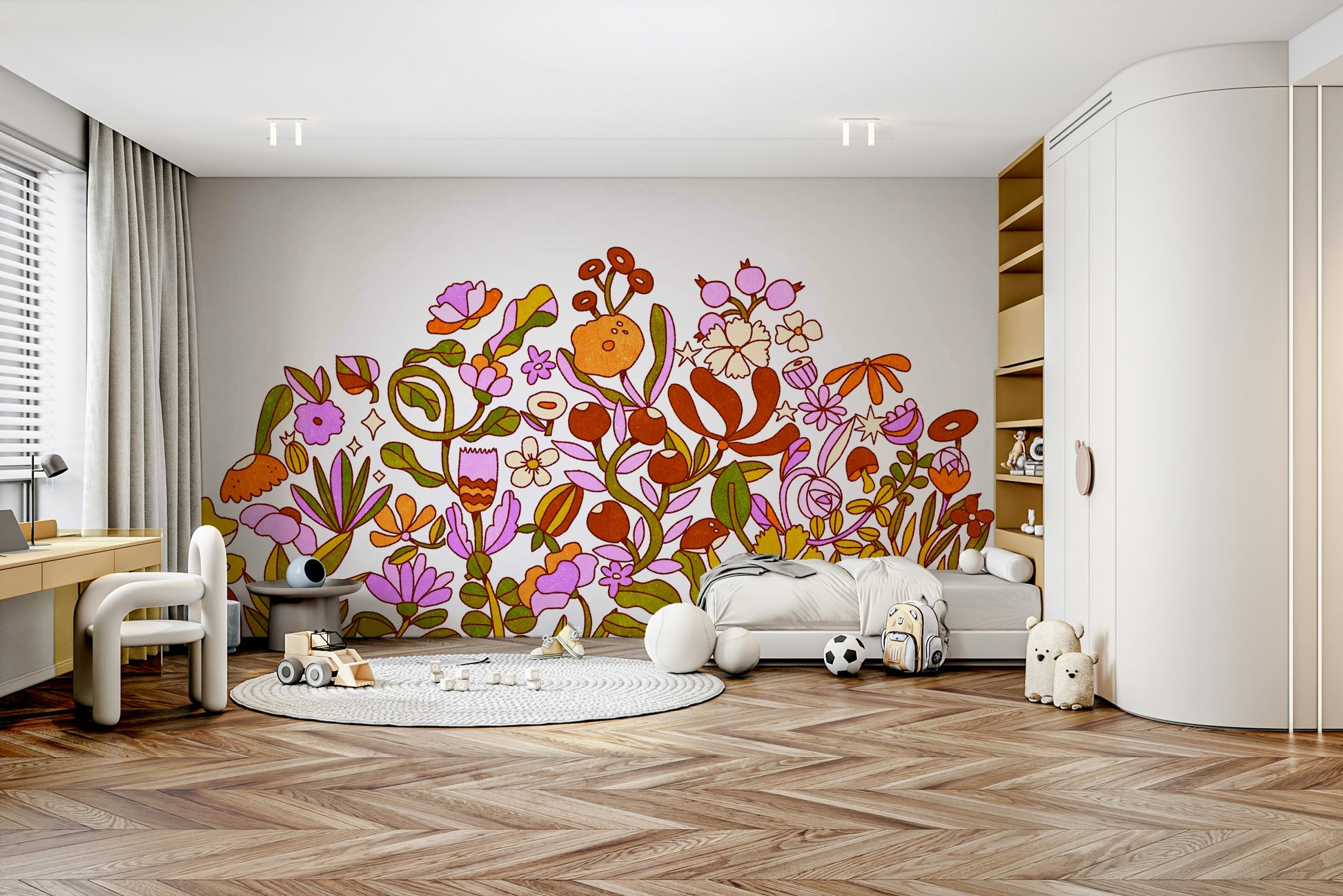 Warm floral mural pattern look

