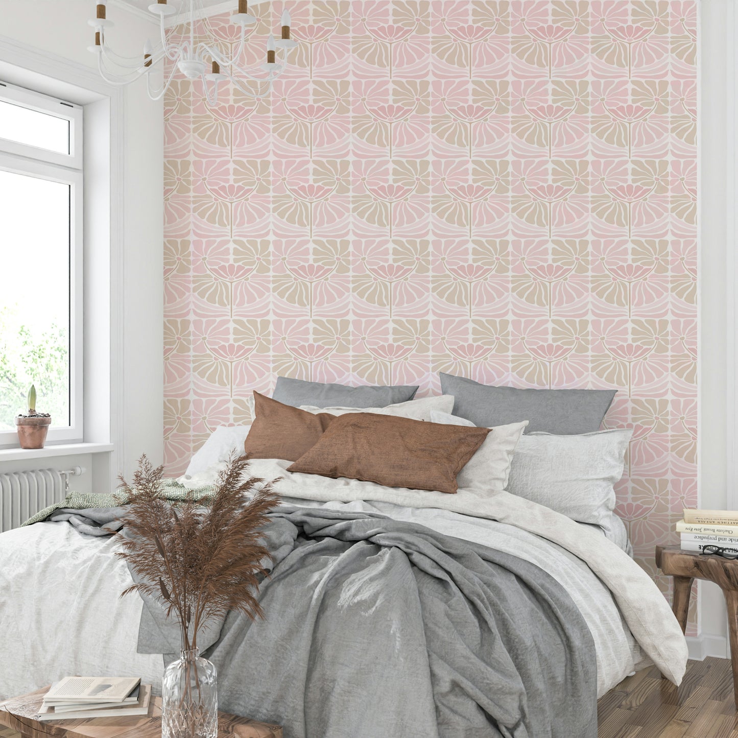 Colorful retro blossoms on stylish wallpaper

