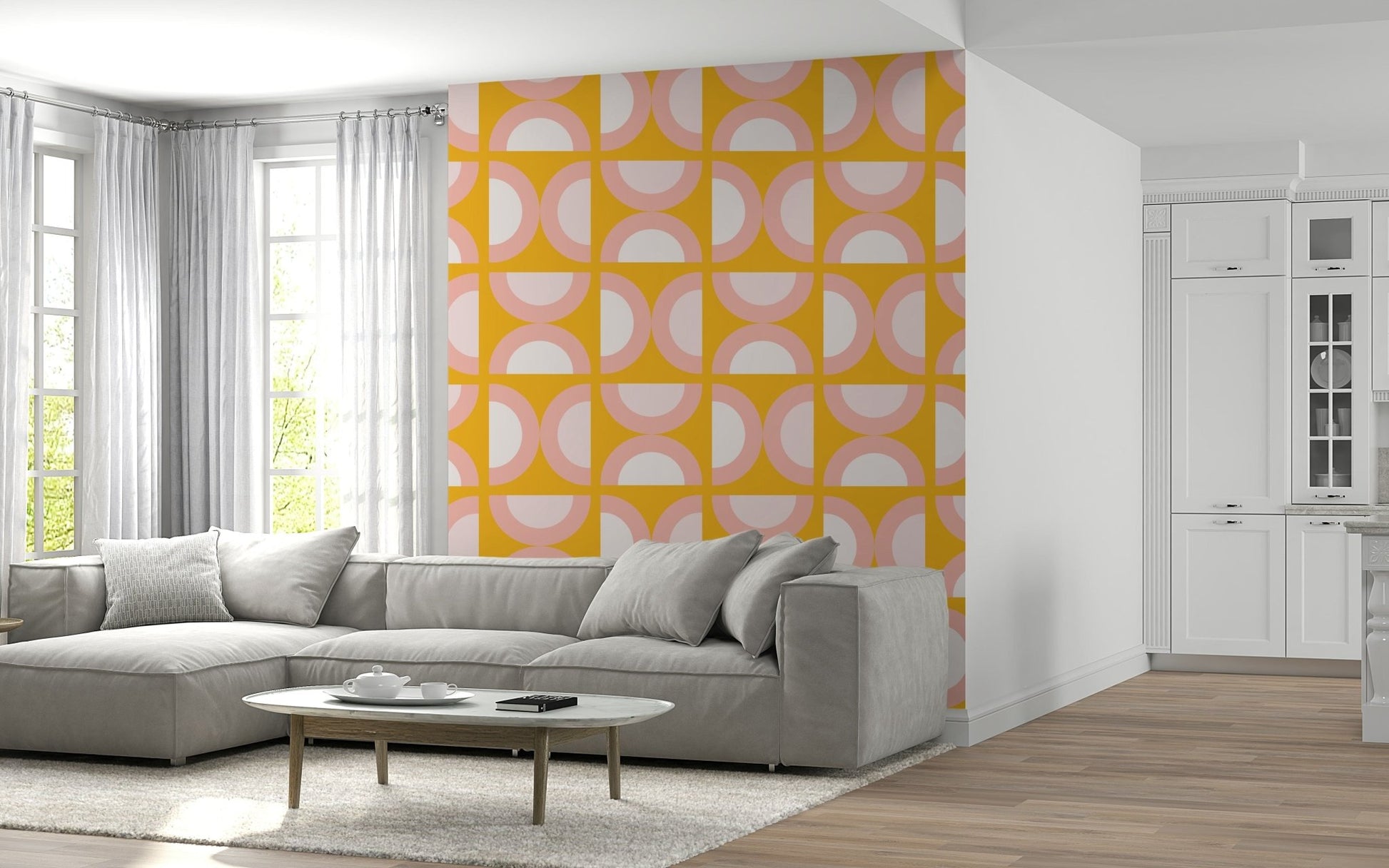 Chic blush arcs create a retro look wall mural.