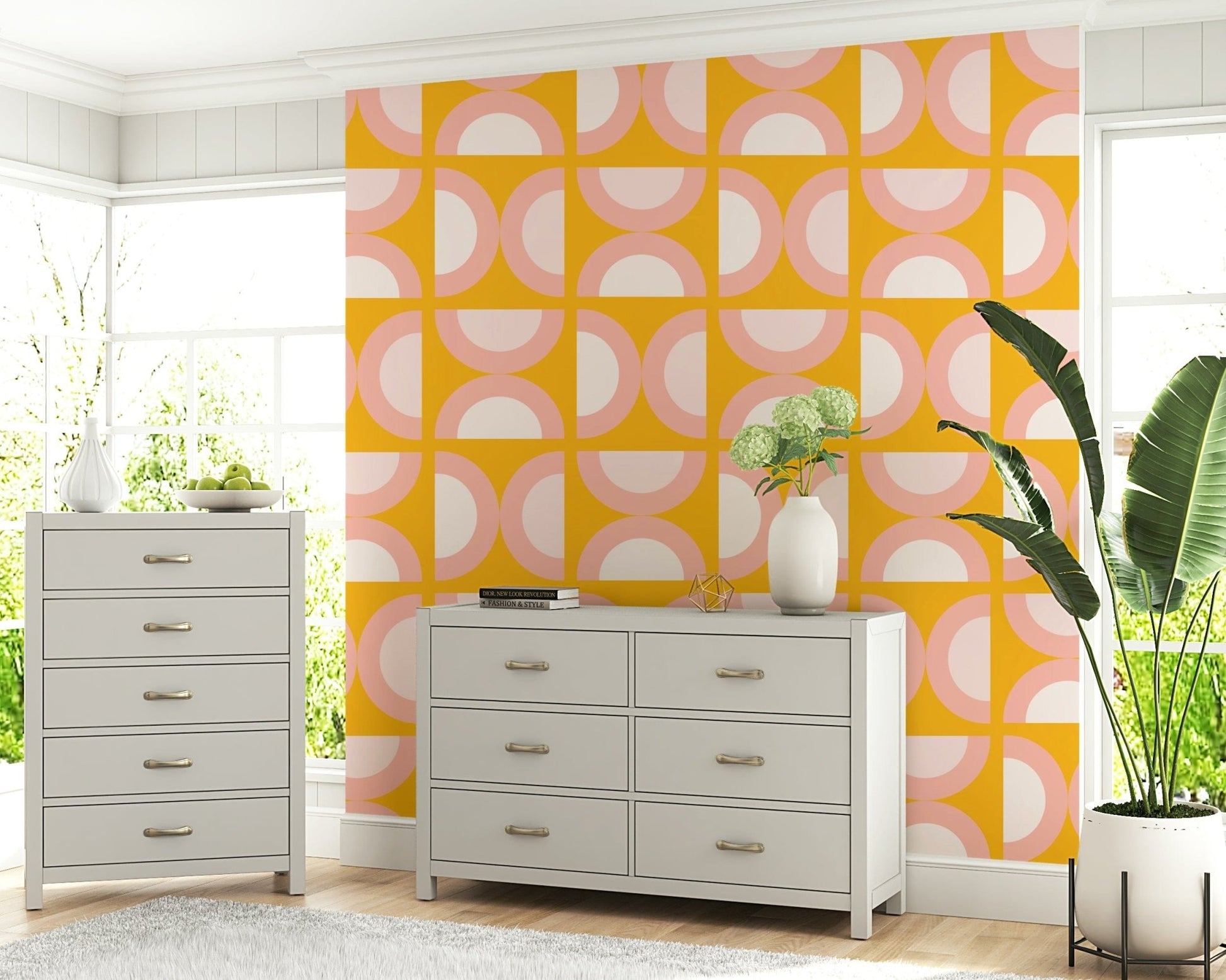 Modern arc designs anchor this vibrant wall mural.