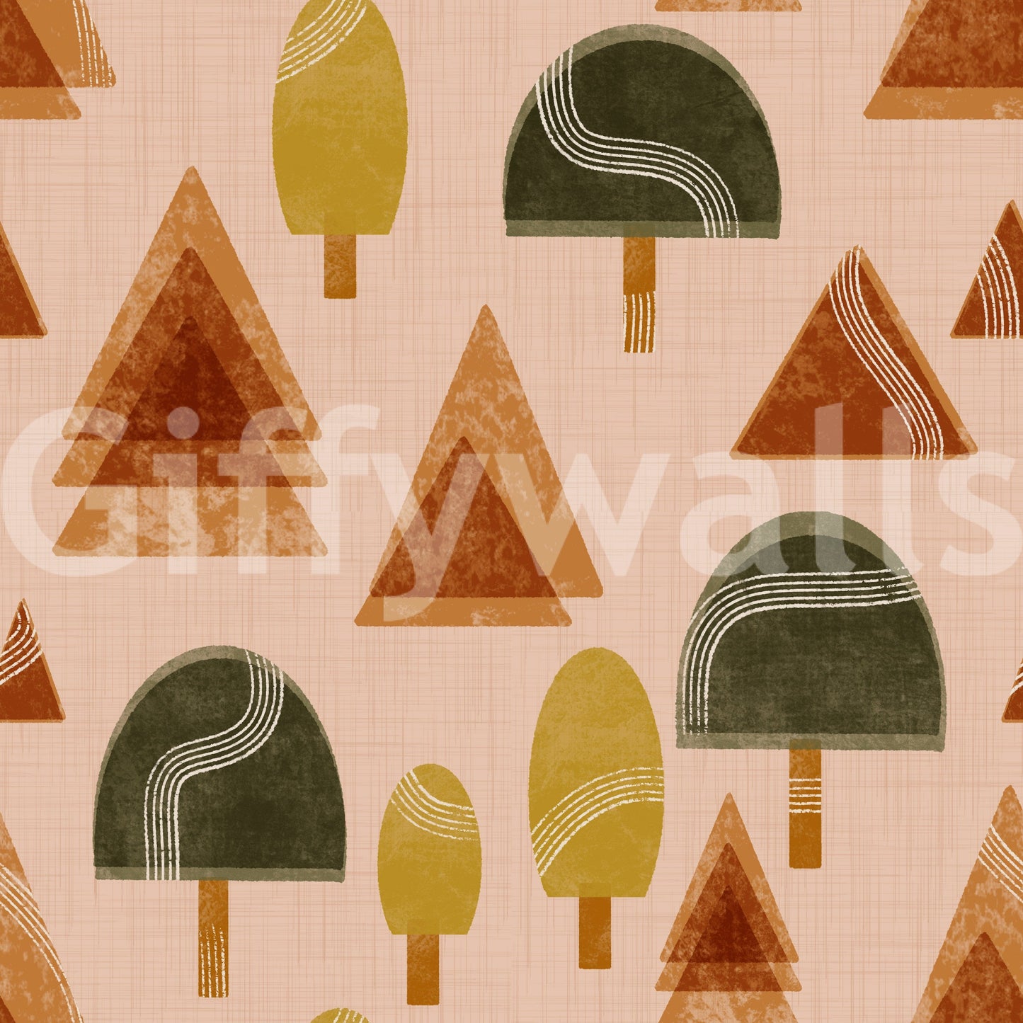 A tranquil abstract tree mural on the wallpaper.

