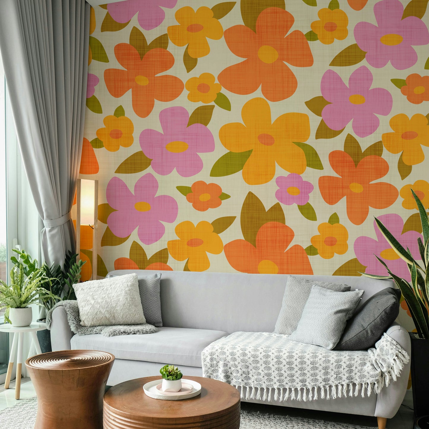 Retro Bright Flowers in Orange Pink Yellow Wallpaper