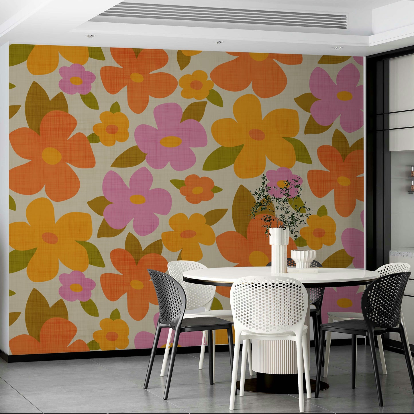 Retro Bright Flowers in Orange Pink Yellow Wallpaper