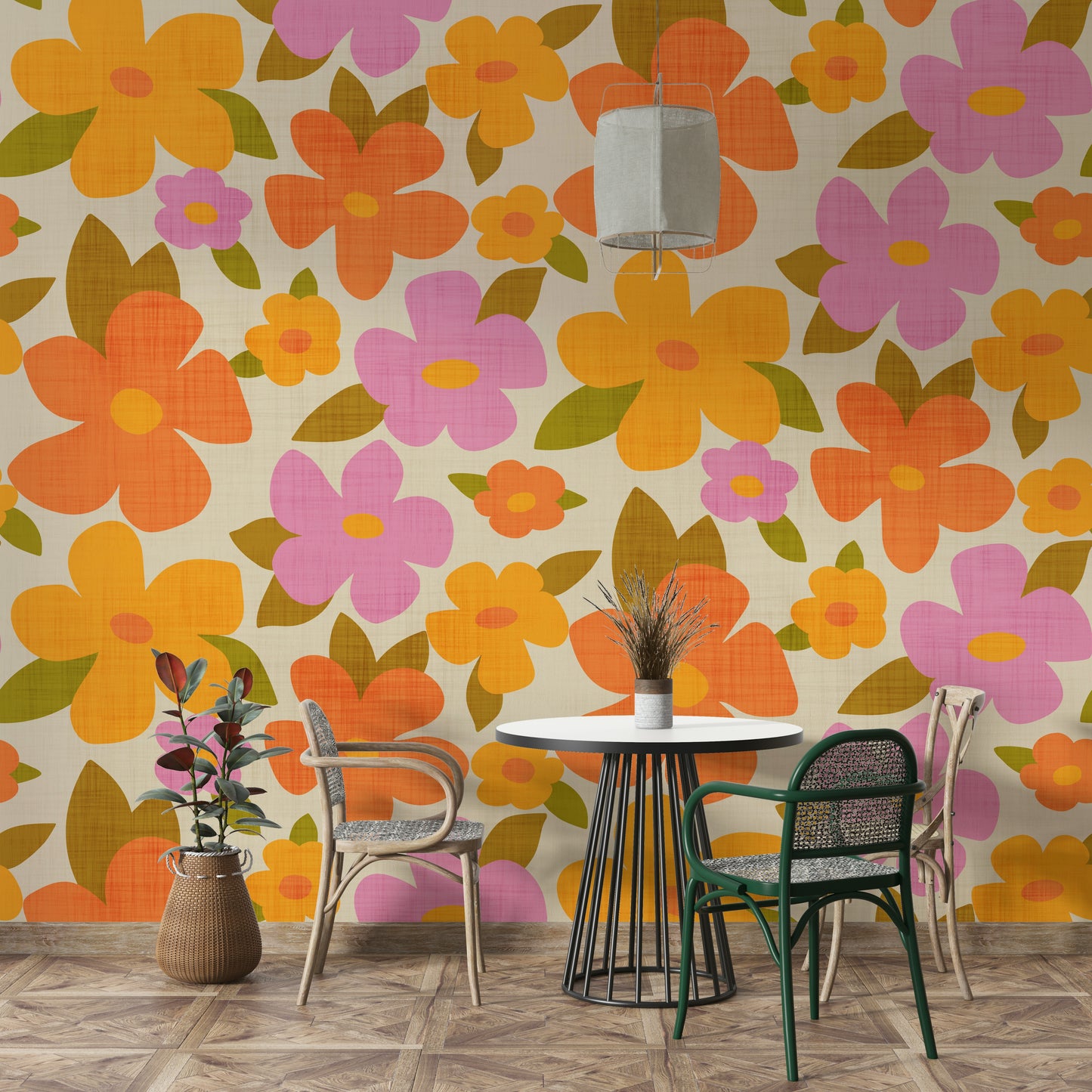 Retro Bright Flowers in Orange Pink Yellow Wallpaper