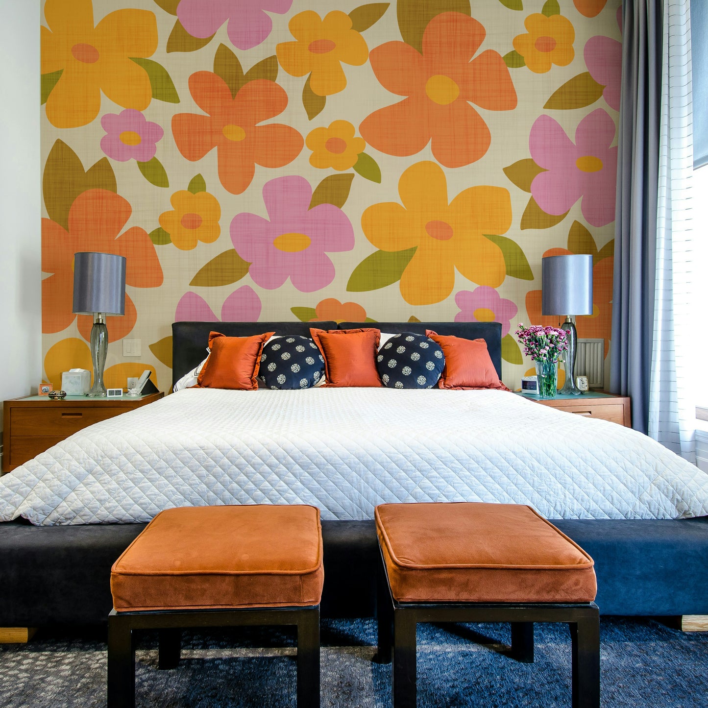 Retro Bright Flowers in Orange Pink Yellow Wallpaper