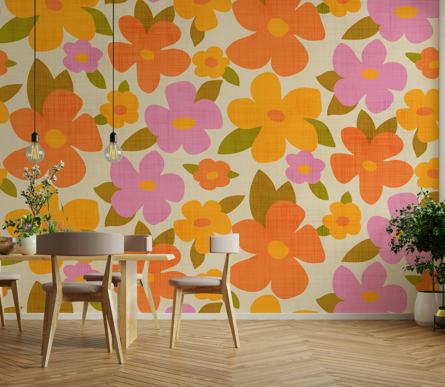Retro Bright Flowers in Orange Pink Yellow Wallpaper