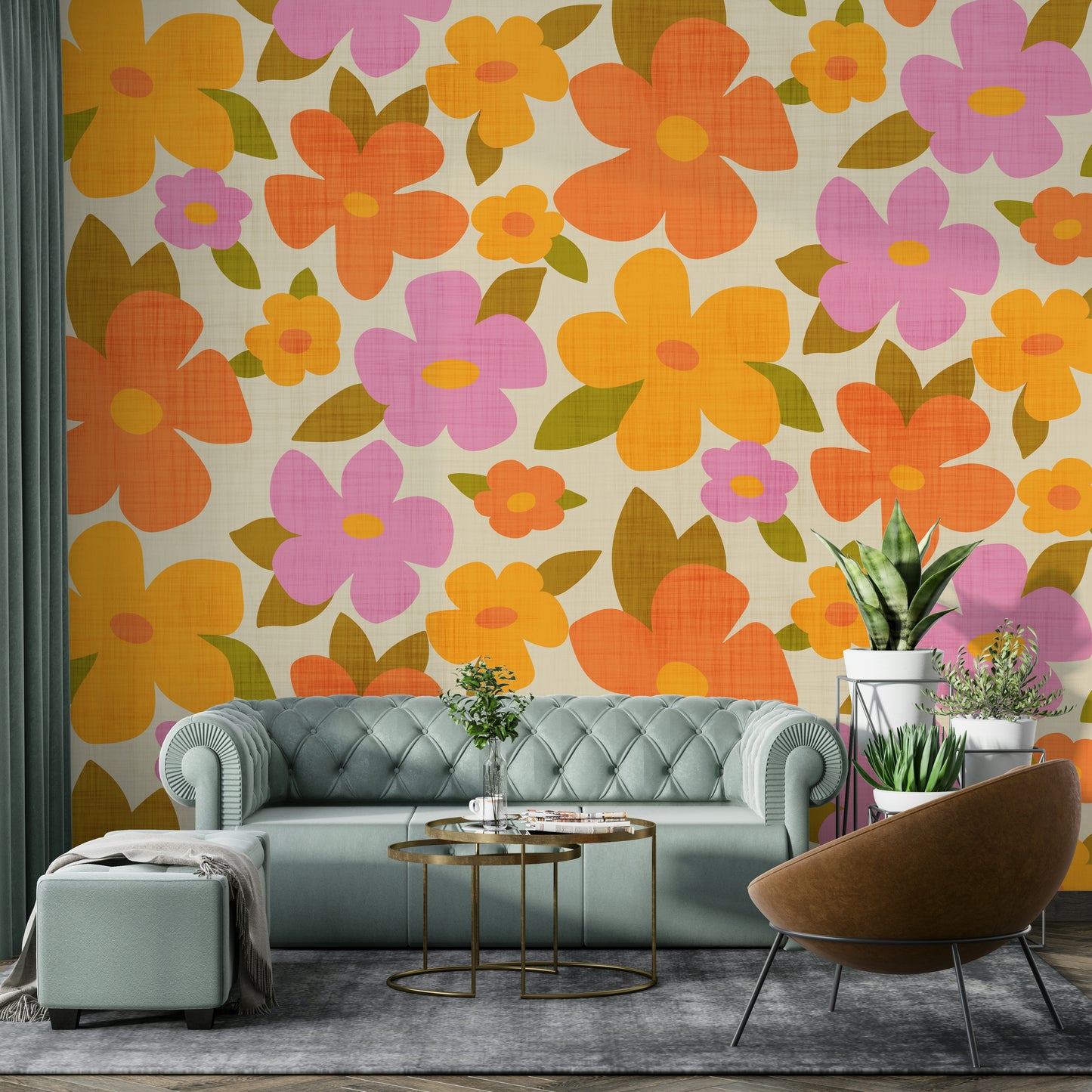 Retro Bright Flowers in Orange Pink Yellow Wallpaper