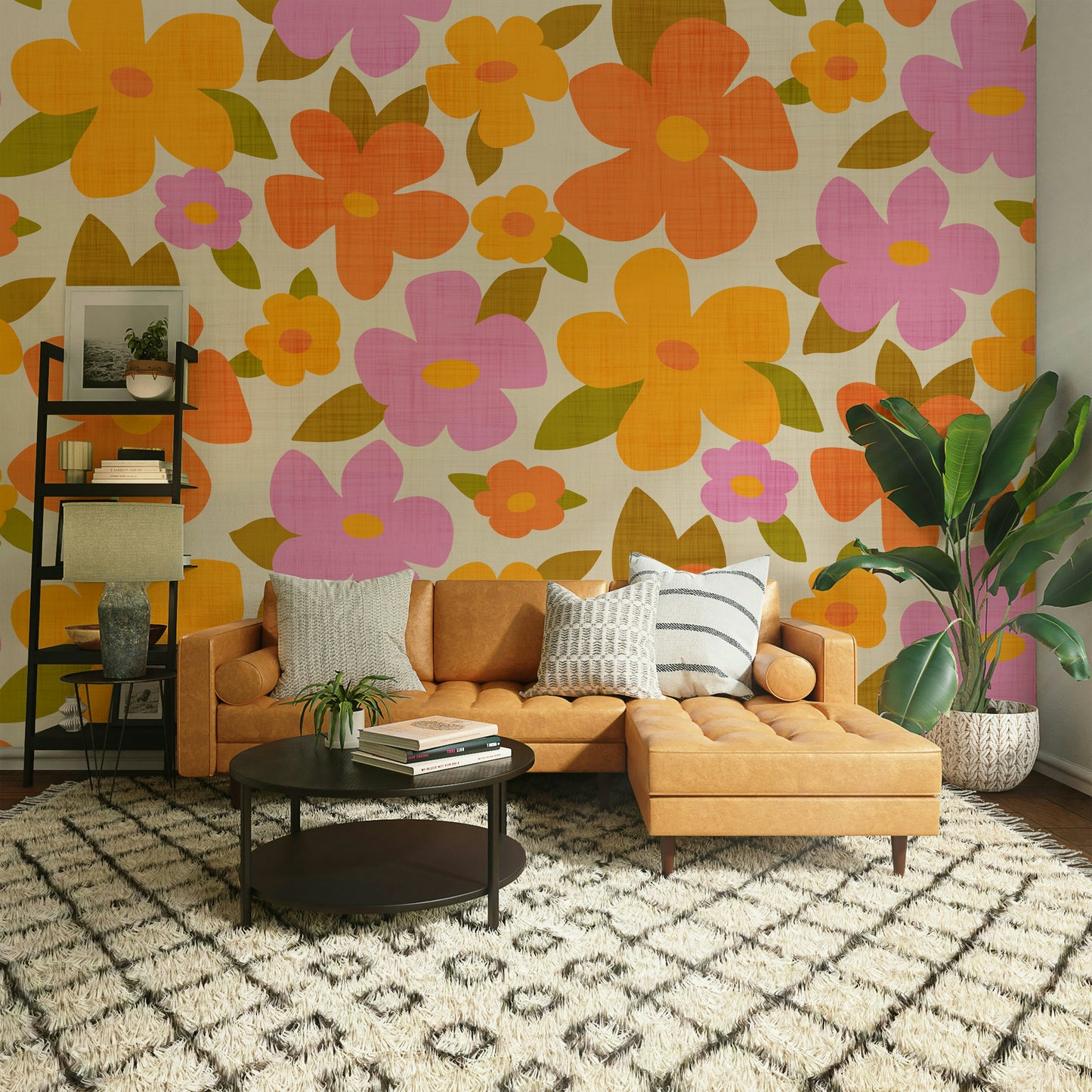 Retro Bright Flowers in Orange Pink Yellow Wallpaper