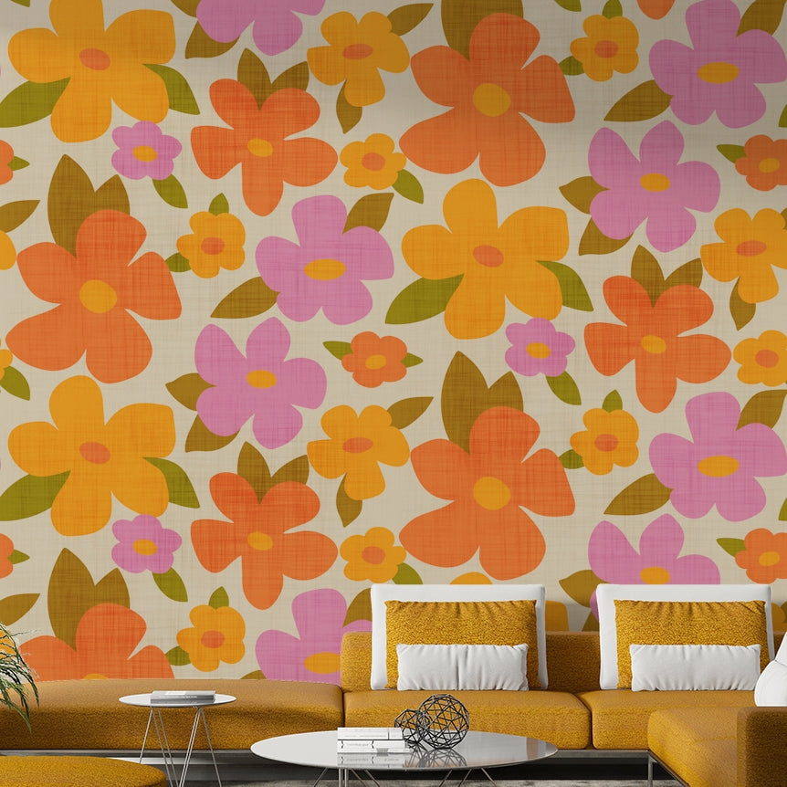 Retro Bright Flowers in Orange Pink Yellow Wallpaper
