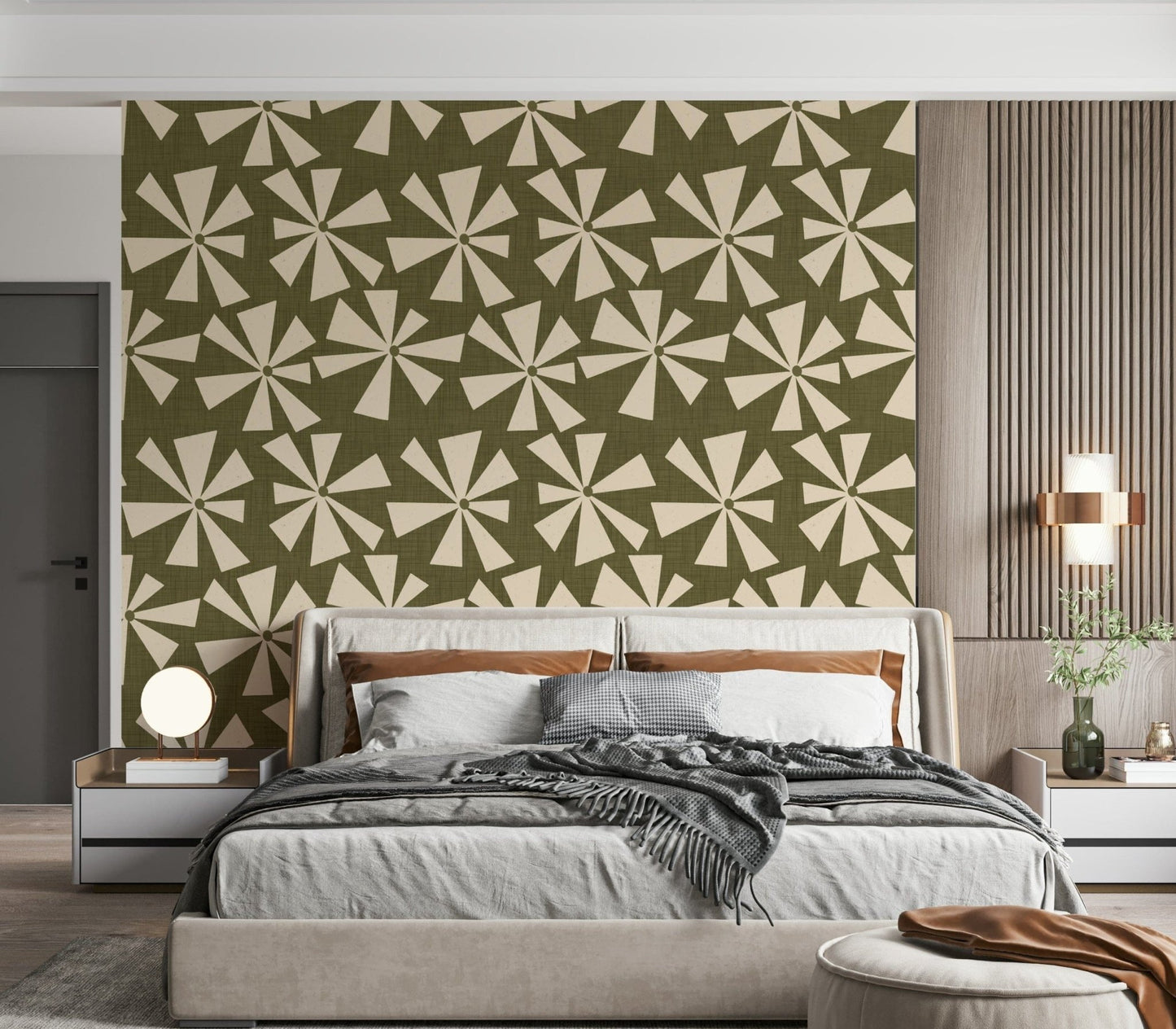Vintage-style wallpaper showcasing cream star-like floral bursts on a textured olive backdrop.