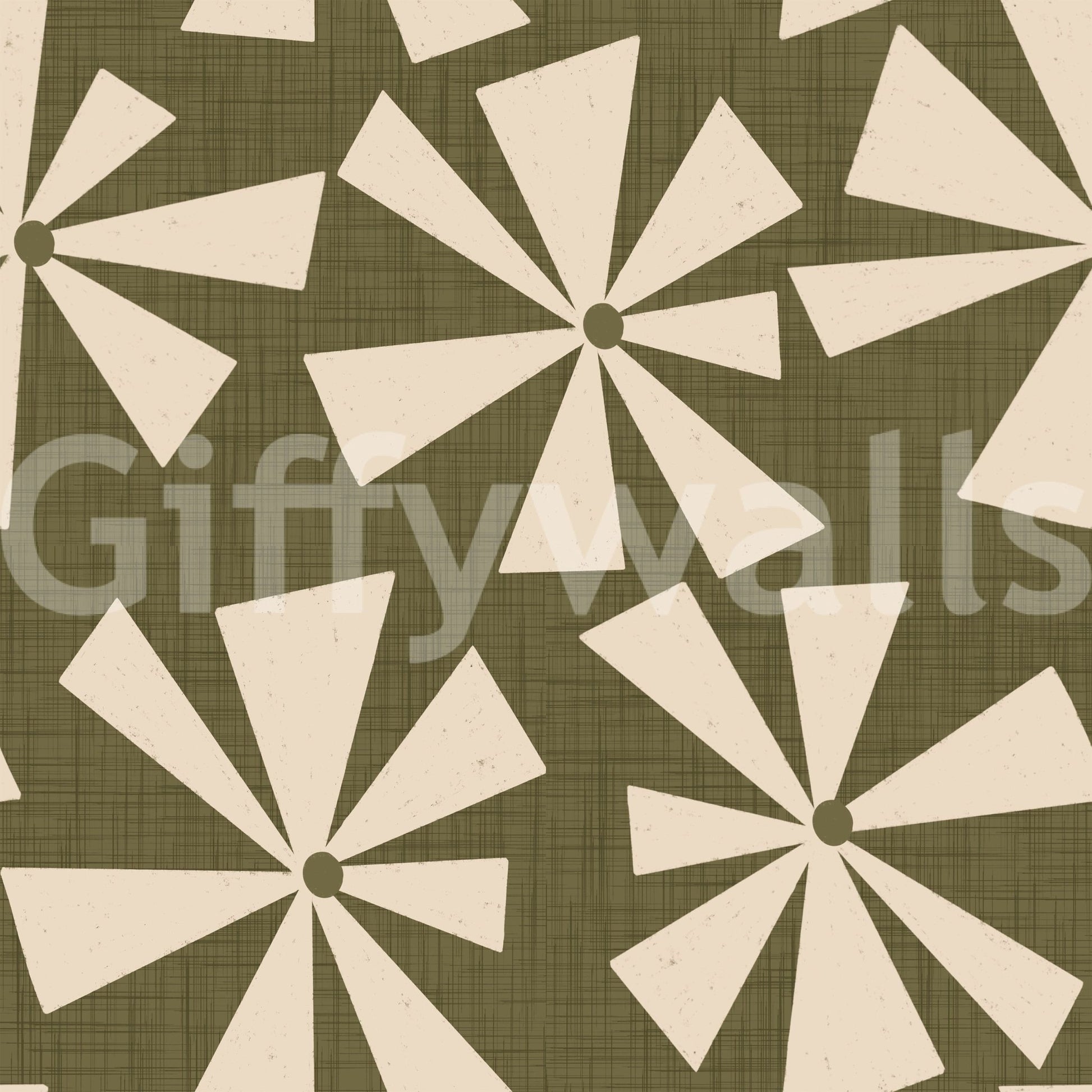 Soft geometric wallpaper with retro pinwheel bursts in a warm, earthy palette.