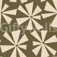 Soft geometric wallpaper with retro pinwheel bursts in a warm, earthy palette.
