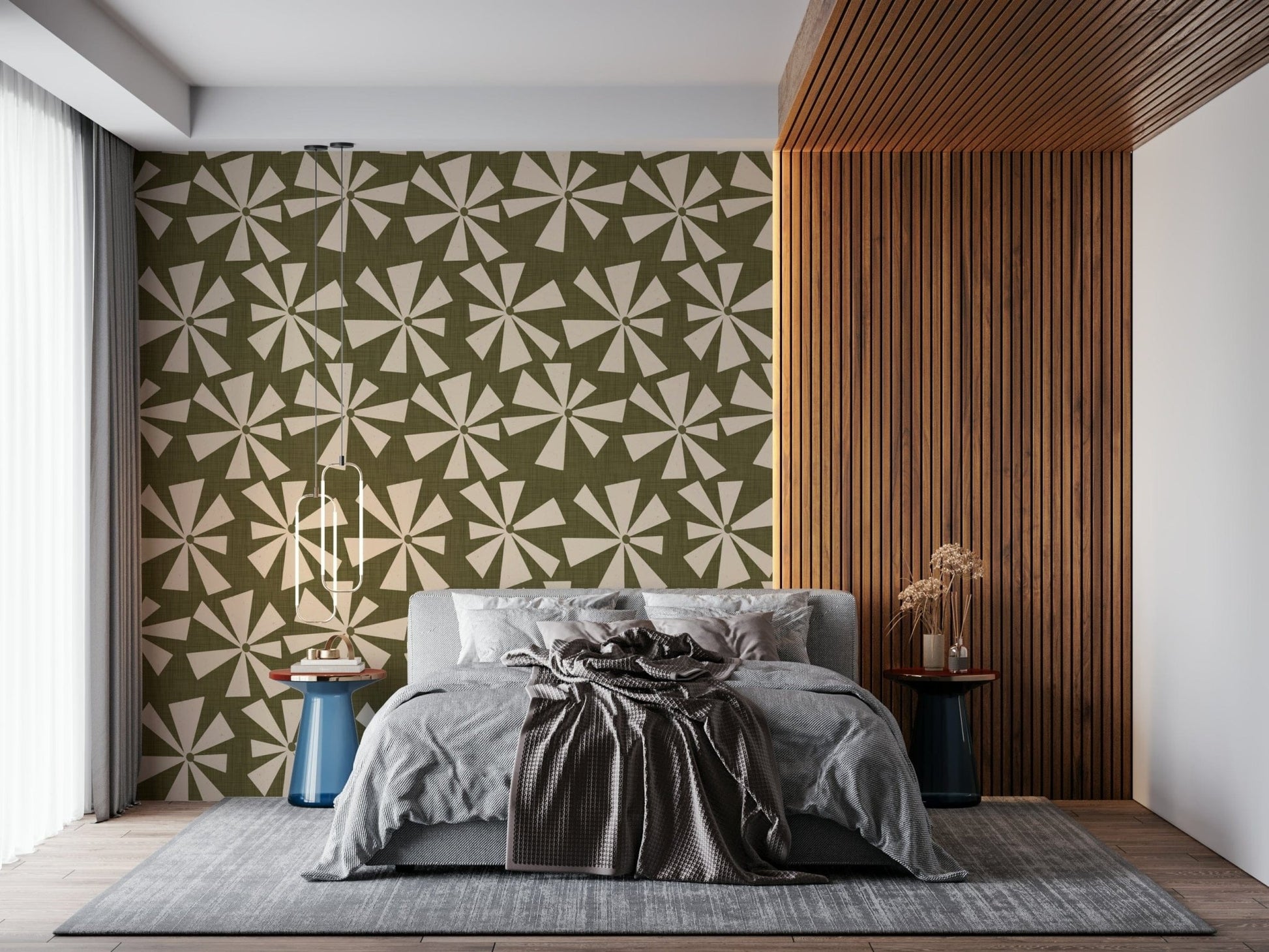 Chic retro wallpaper with textured olive tone and cream geometric burst elements.