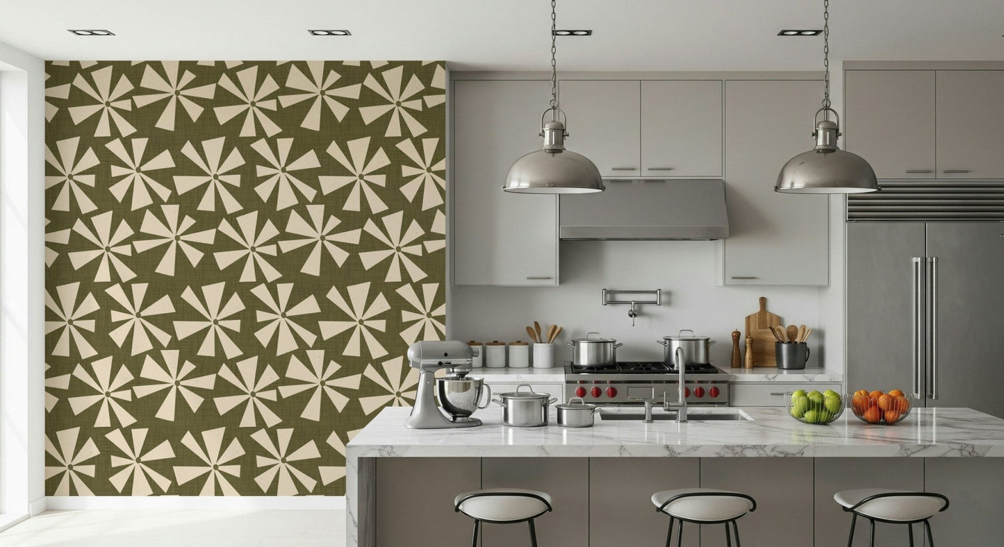 Modern vintage wallpaper with cream burst shapes scattered across an olive green design.