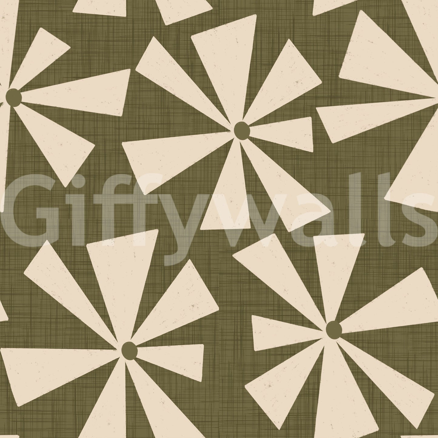 Soft geometric wallpaper with retro pinwheel bursts in a warm, earthy palette.