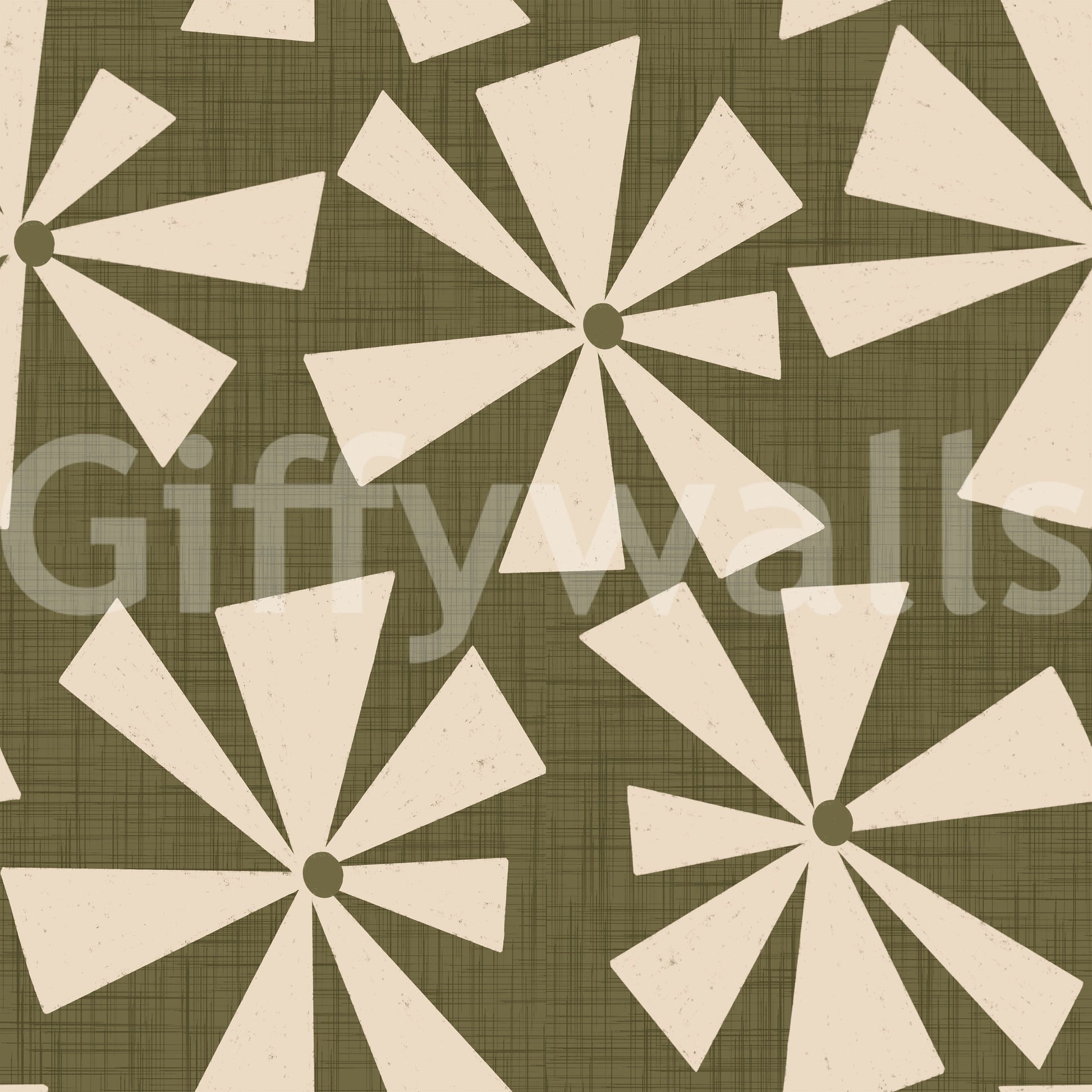 Soft geometric wallpaper with retro pinwheel bursts in a warm, earthy palette.