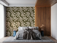 Chic retro wallpaper with textured olive tone and cream geometric burst elements.