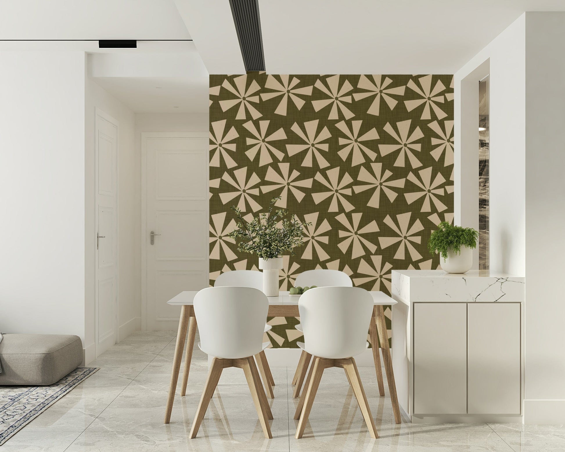 Geometric starburst wallpaper with scattered retro flower shapes in muted earthy tones.