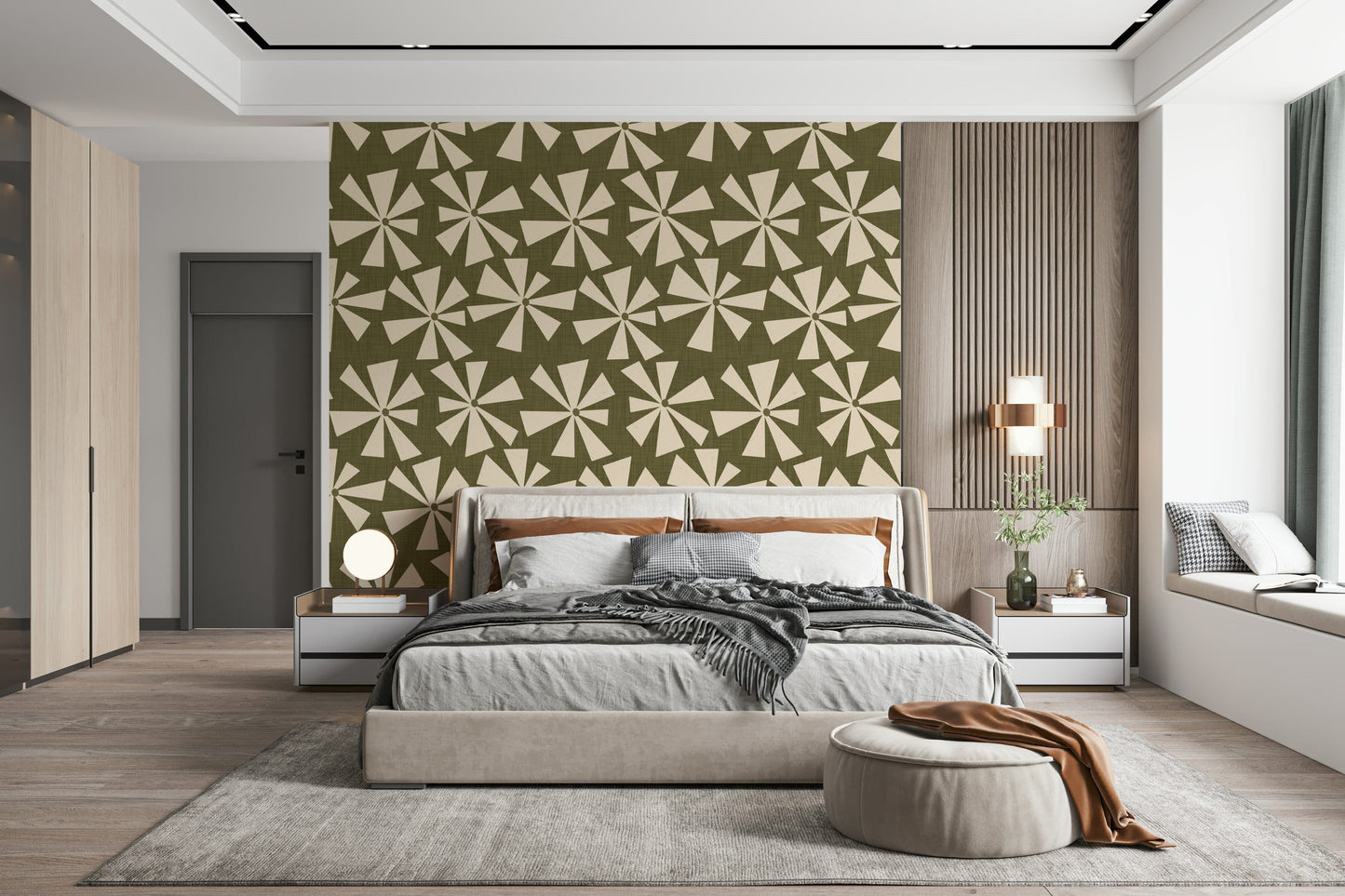 Vintage-style wallpaper showcasing cream star-like floral bursts on a textured olive backdrop.