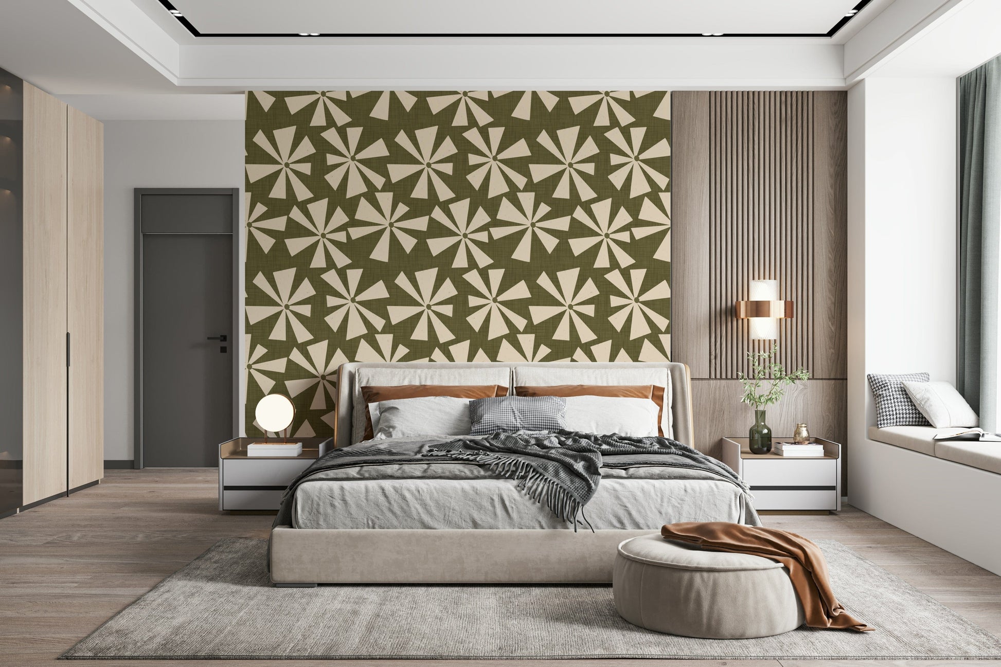 Vintage-style wallpaper showcasing cream star-like floral bursts on a textured olive backdrop.