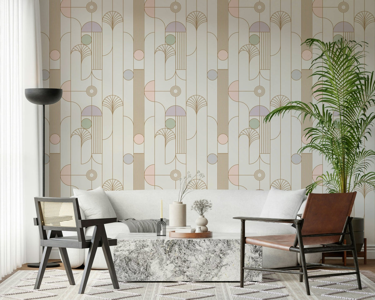 Retro Chic Art Deco wallpaper with blush and lilac deco fans behind a white sofa, cane chair and marble table