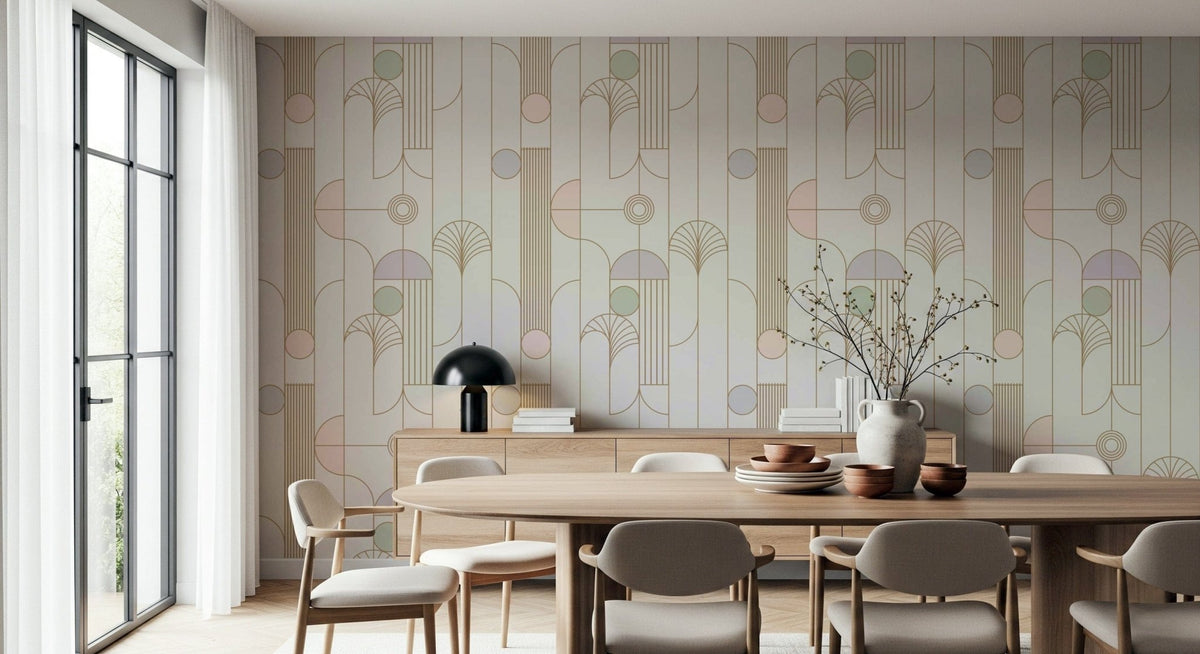 Retro Chic Art Deco wallpaper in muted pastel deco pattern in a dining room with oval wood table and taupe chairs