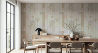 Retro Chic Art Deco wallpaper in muted pastel deco pattern in a dining room with oval wood table and taupe chairs