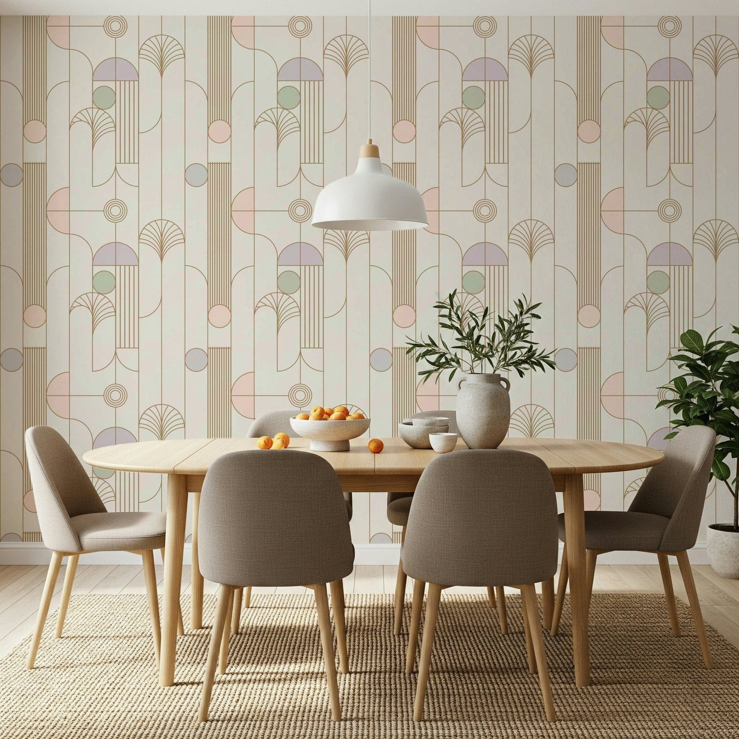 Retro Chic Art Deco wallpaper in soft pastel deco pattern in a dining room with oval wood table and white pendant