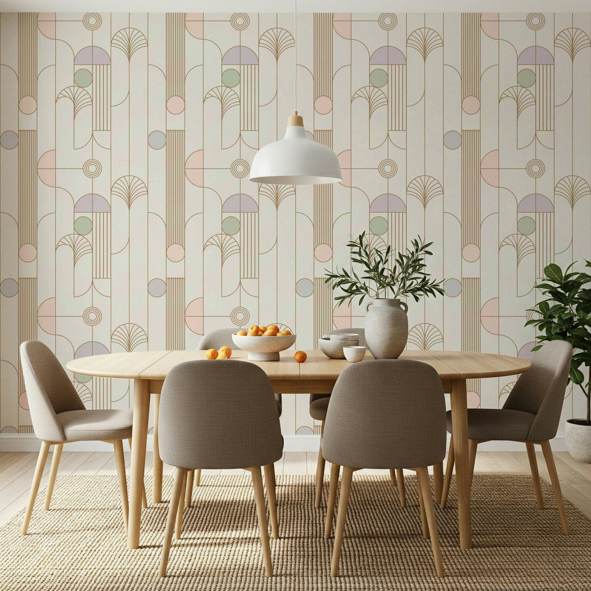 Retro Chic Art Deco wallpaper in soft pastel deco pattern in a dining room with oval wood table and white pendant